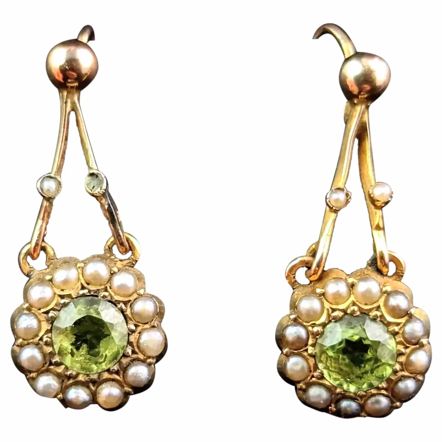 Peridot & Pearl Gold Drop Earrings (846B/OJ) | The Antique Jewellery Company